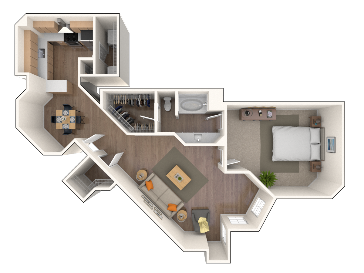 Floor plan for 1 bed, 1 bath, 843 sqft